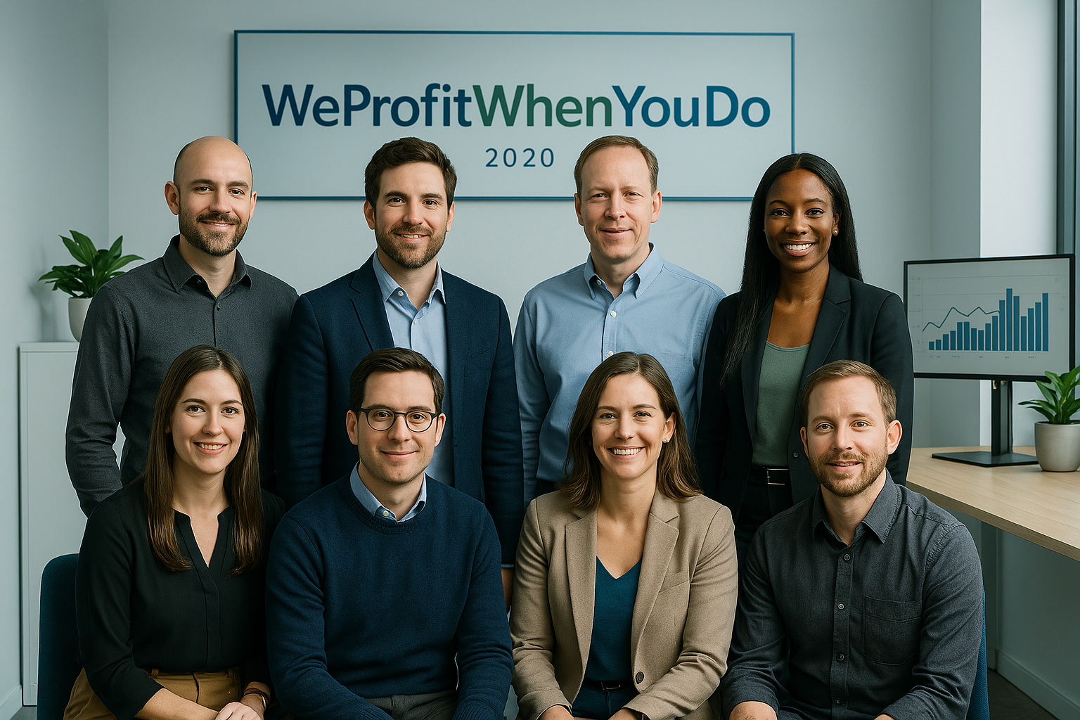 Team of diverse business professionals collaborating in a modern office setting, analyzing lead generation data